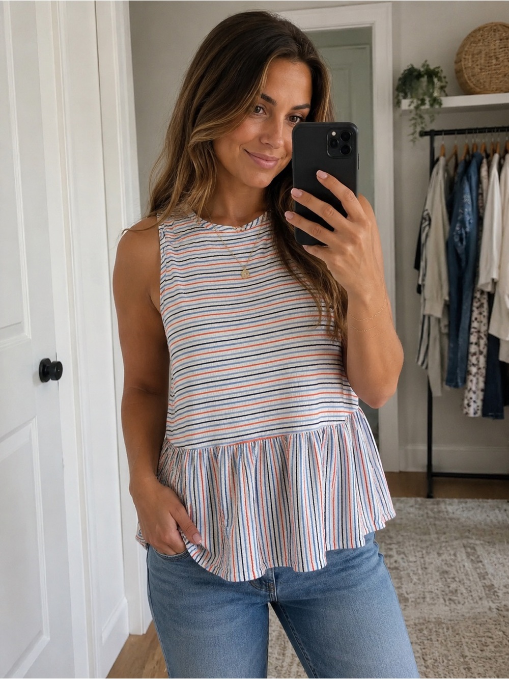Ginger G White Tank Top with Navy, Orange & Gray Stripes